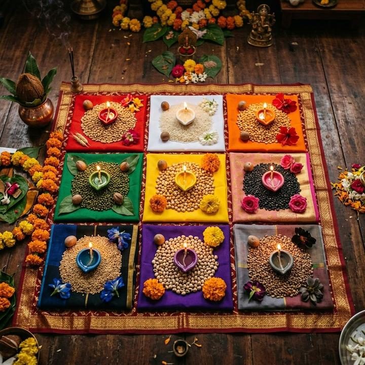 Sacred Navgrah Mandala with Navadhanya 9 Grains - Navgrah Shanti Puja & Havan in Bangalore